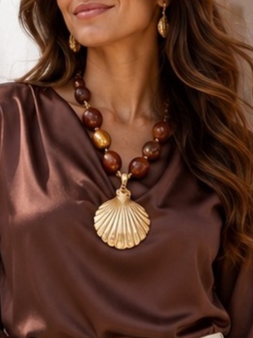 Gold Shell Pendant Necklace with Brown Beaded Strand